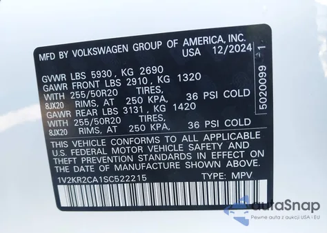 2025 Volkswagen Atlas 2.0T Se W/Technology z USA, uszkodzony, nr VIN 1V2KR2CA1SC522215